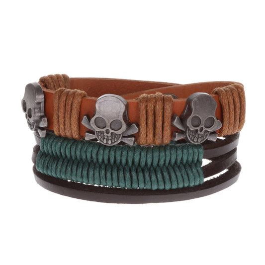 Mens Whirlybird Skull Studded Leather Stacker Bracelets