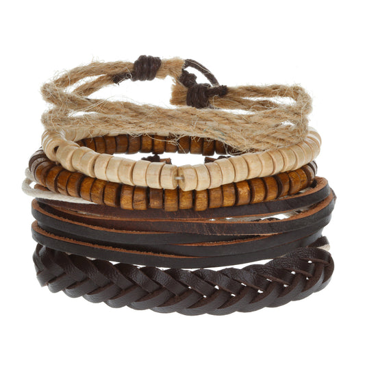 Mens Whirlybird Brown Leather Braided Stacker Bracelets