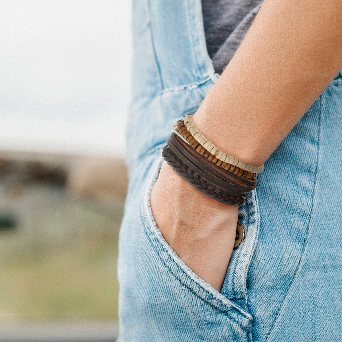 WBST17 - Mens Whirlybird Brown Leather Braided Stacker Bracelets