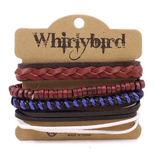Mens Whirlybird Burgundy Leather Braided Stacker Bracelets