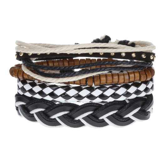 Mens Whirlybird Black And White Chunky Braided Stacker Bracelets