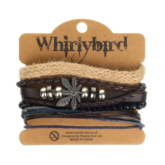 WBST28 - Mens Whirlybird Silver Leaf Charm Stacker Bracelets