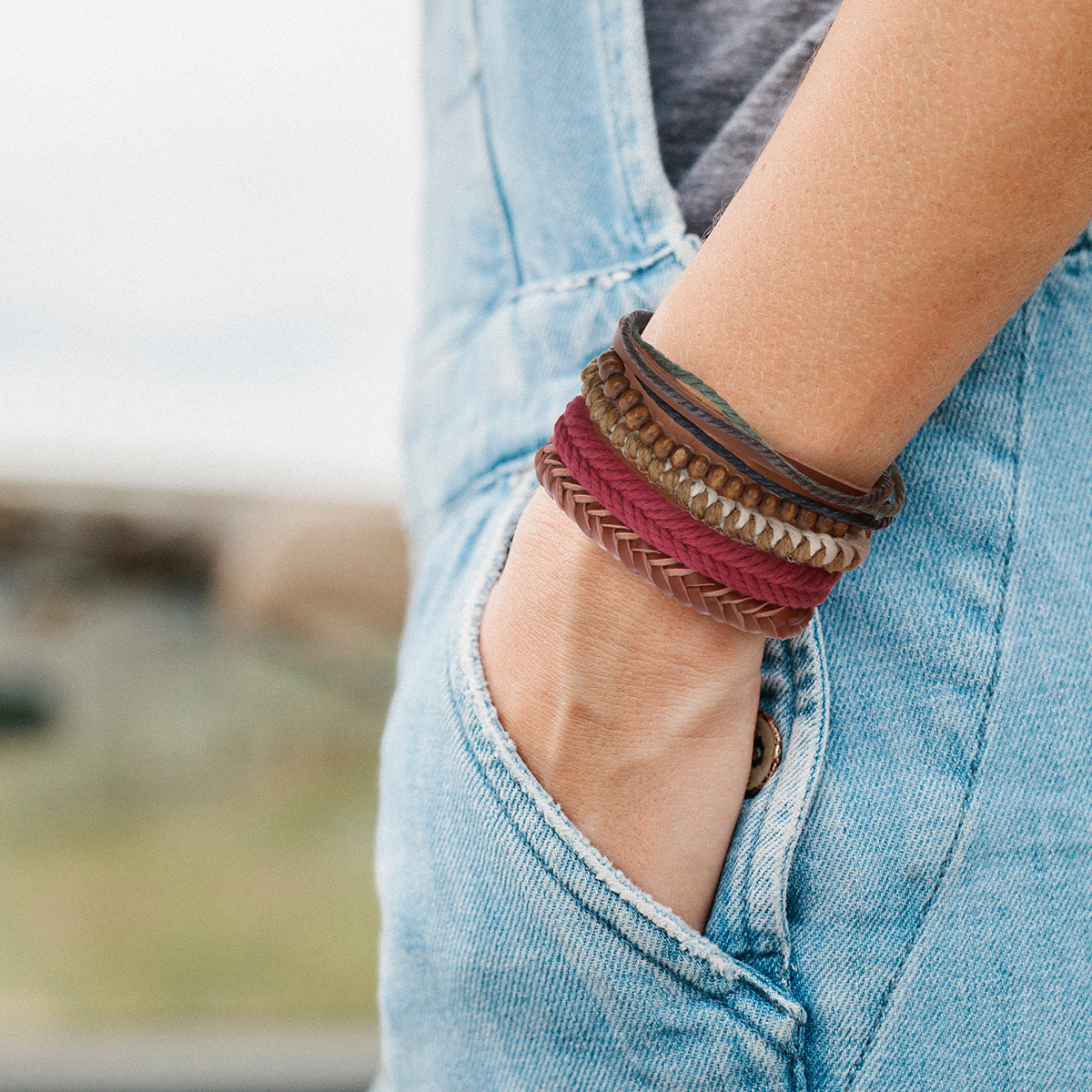 WBST31 - Mens Whirlybird Burgundy Fishtail Braided Stacker Bracelets