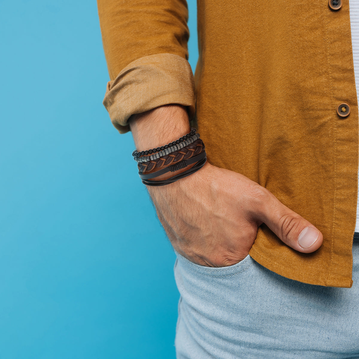 WBST36 - Mens Whirlybird Multitonal Brown Chunky Braid Stacker Bracelets