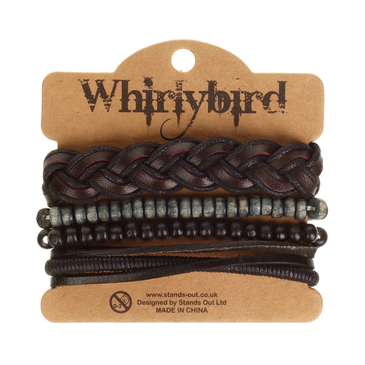 Mens Whirlybird Chunky Brown Braided Leather Stacker Bracelets