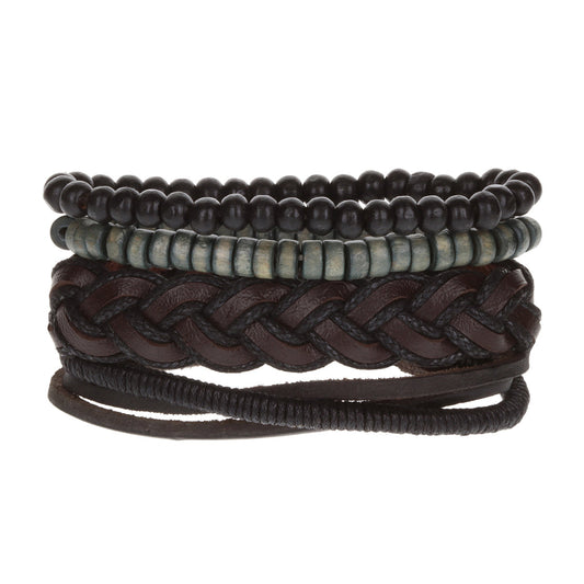 Mens Whirlybird Chunky Brown Braided Leather Stacker Bracelets