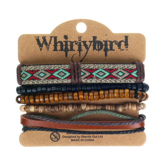 WBST43 - Mens Whirlybird Red And Aqua Blue Patterned Leather Stacker Bracelets