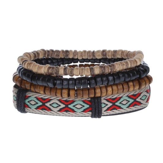 WBST43 - Mens Whirlybird Red And Aqua Blue Patterned Leather Stacker Bracelets