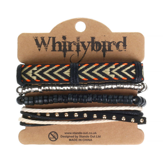 WBST45 - Mens Whirlybird Black And Orange Patterned Stacker Bracelets