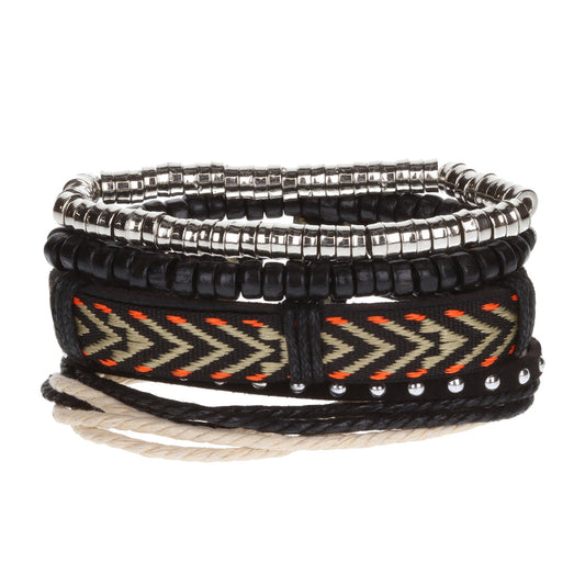 Mens Whirlybird Black And Orange Patterned Stacker Bracelets