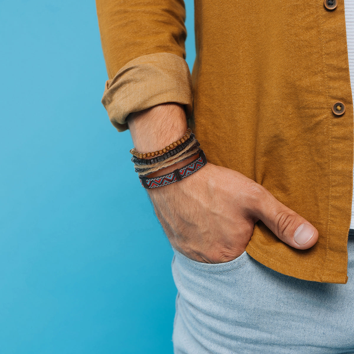 WBST52 - Mens Whirlybird Blue And Red Triangle Patterned Stacker Bracelets