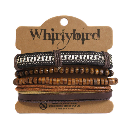 WBST55 - Mens Whirlybird Brown And Cream Leather Stacker Bracelets