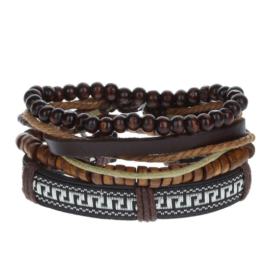 WBST55 - Mens Whirlybird Brown And Cream Leather Stacker Bracelets
