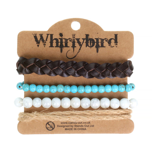 WBST56 - Mens Whirlybird Blue And White Marble Beaded Stacker Bracelets