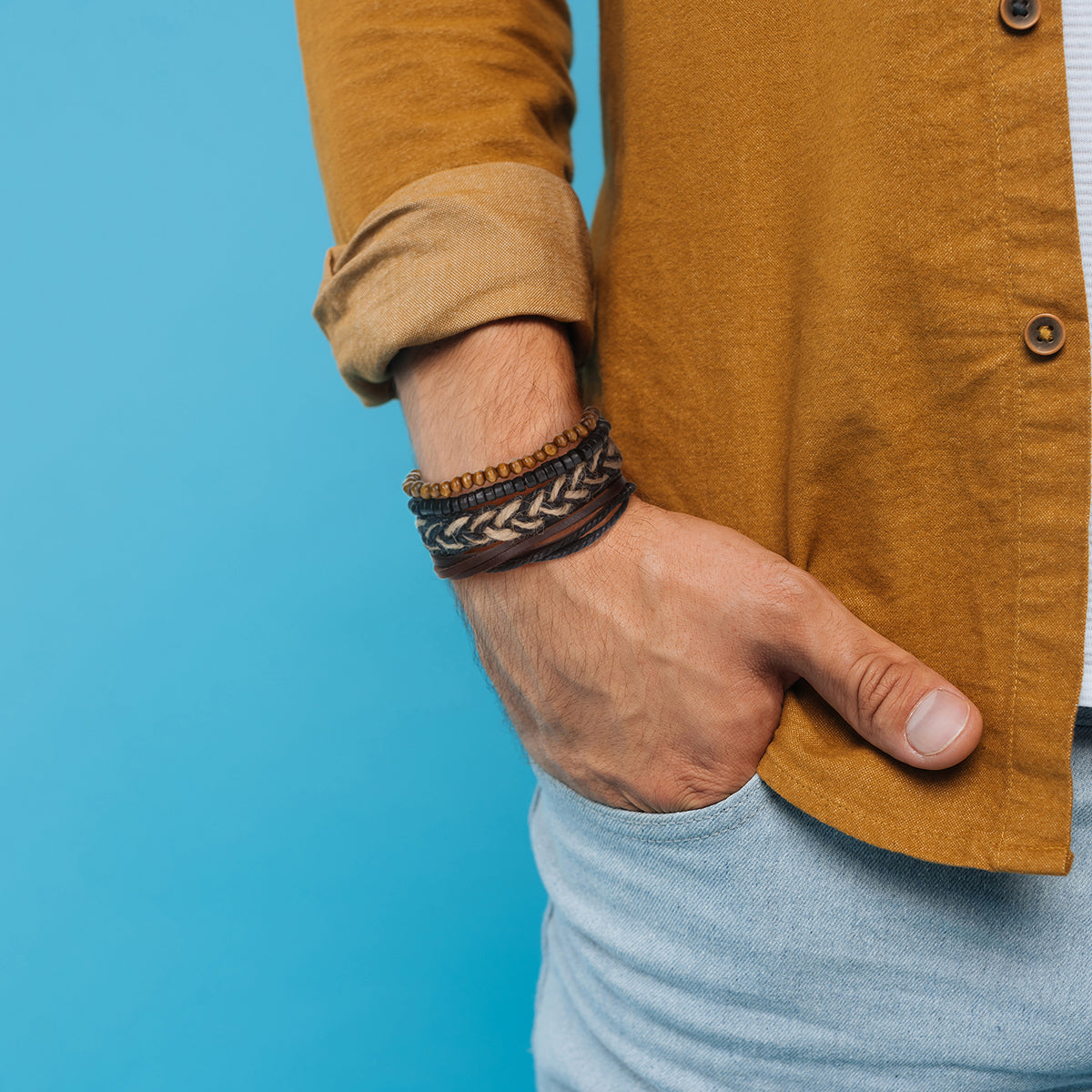 WBST58 - Mens Whirlybird Black And Tan Chunky Braid Stacker Bracelets