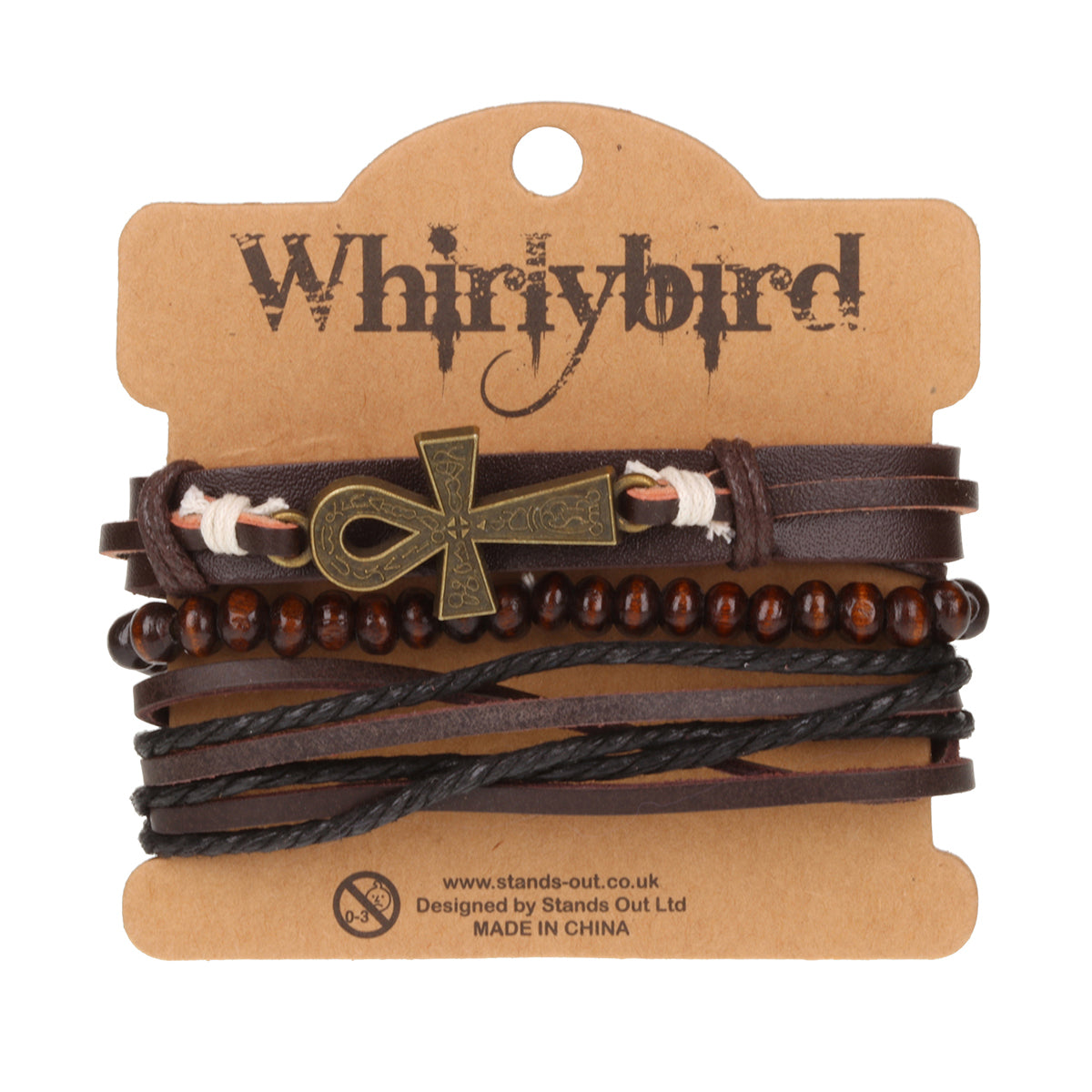 WBST61 - Mens Whirlybird Brown Leather Key Of Life Stacker Bracelets