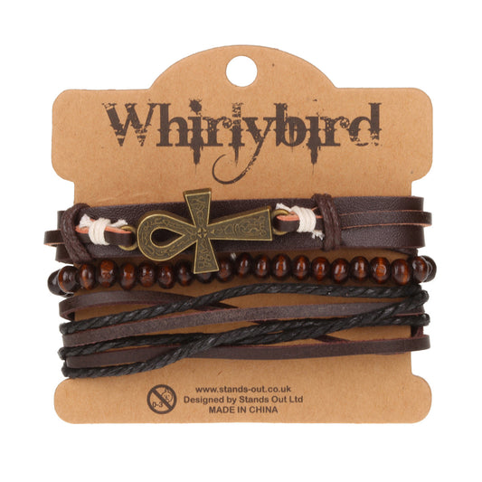 WBST61 - Mens Whirlybird Brown Leather Key Of Life Stacker Bracelets