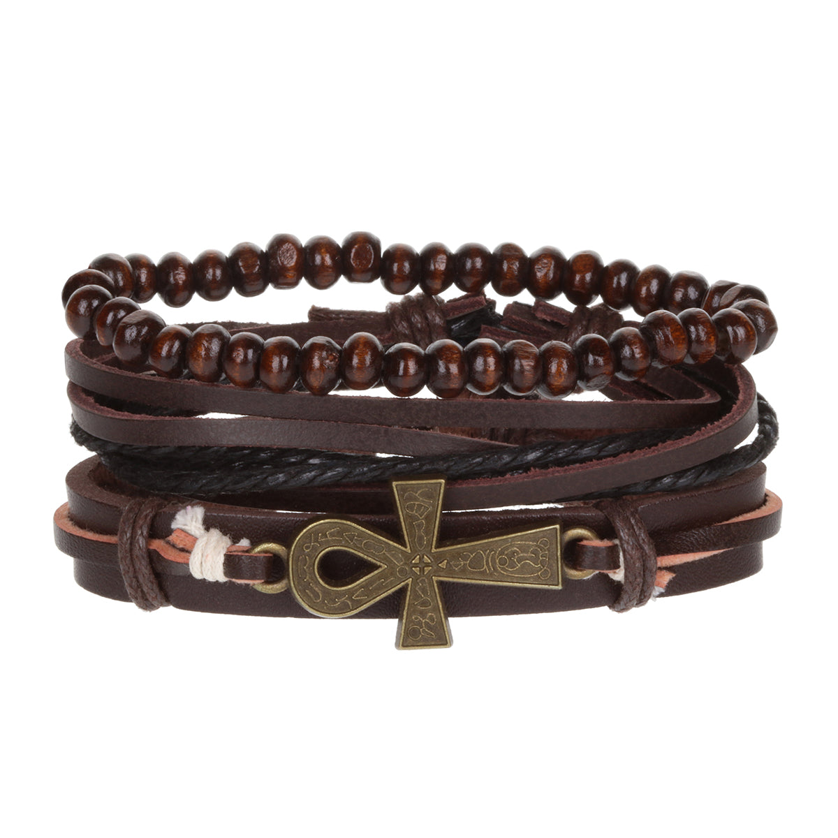 WBST61 - Mens Whirlybird Brown Leather Key Of Life Stacker Bracelets