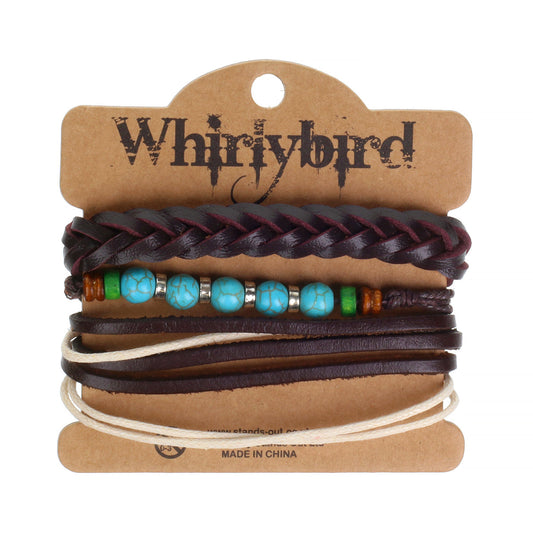 Mens Whirlybird Plum Coloured Braided Stacker Bracelets With Blue Marble Beads