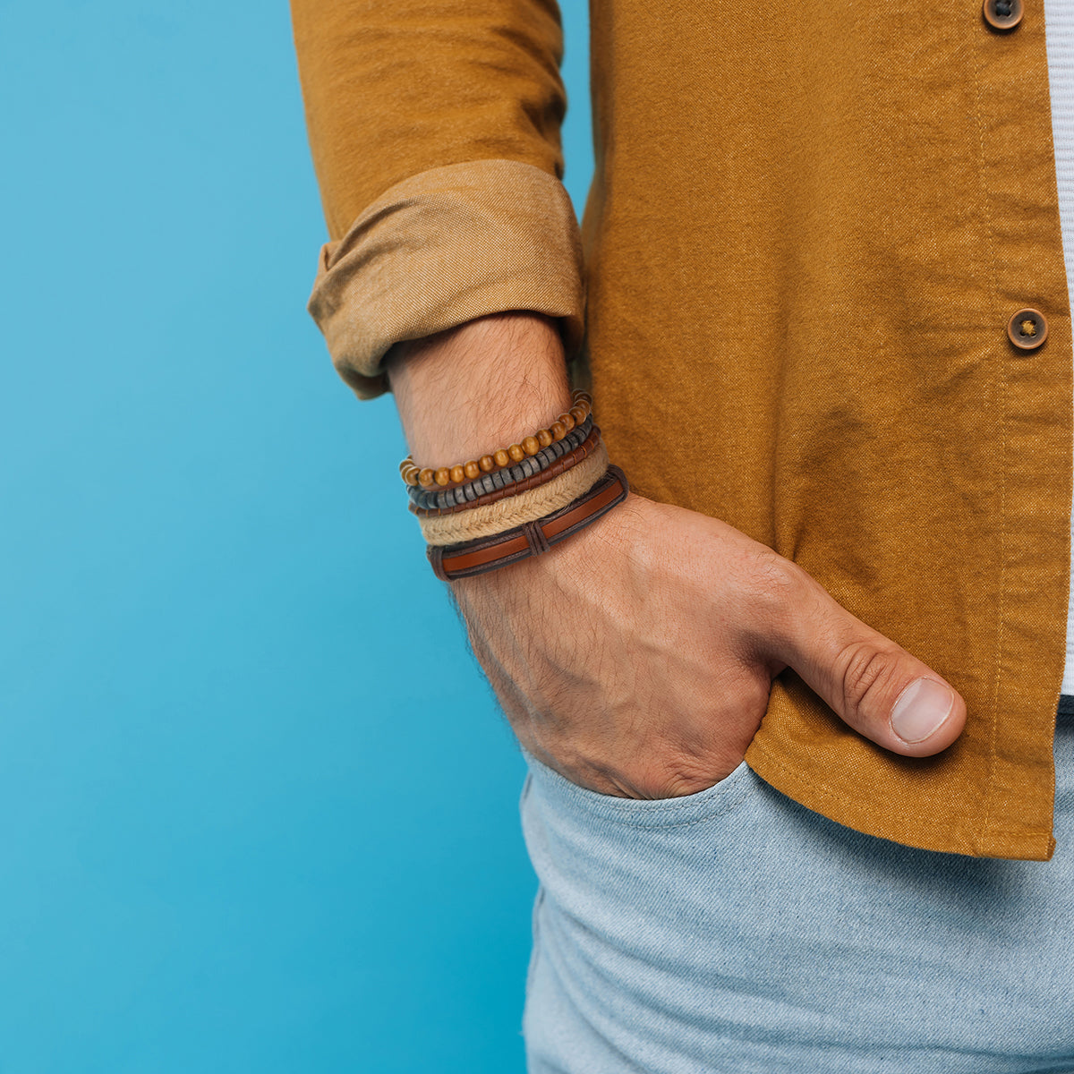 Mens Whirlybird Beige Braided Stacker Bracelets