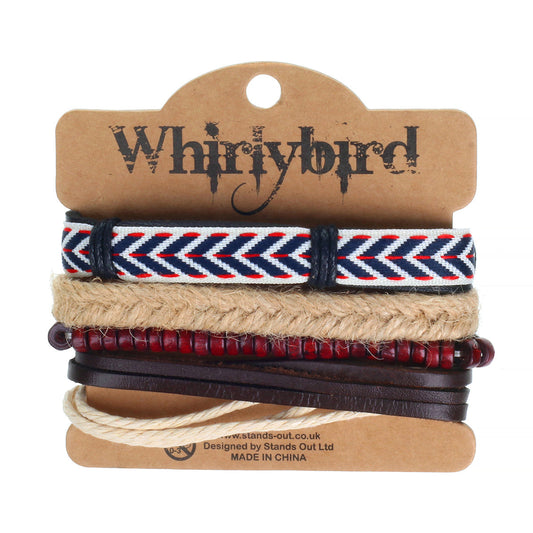 Mens Whirlybird White, Blue And Red Patterned Stacker Bracelets