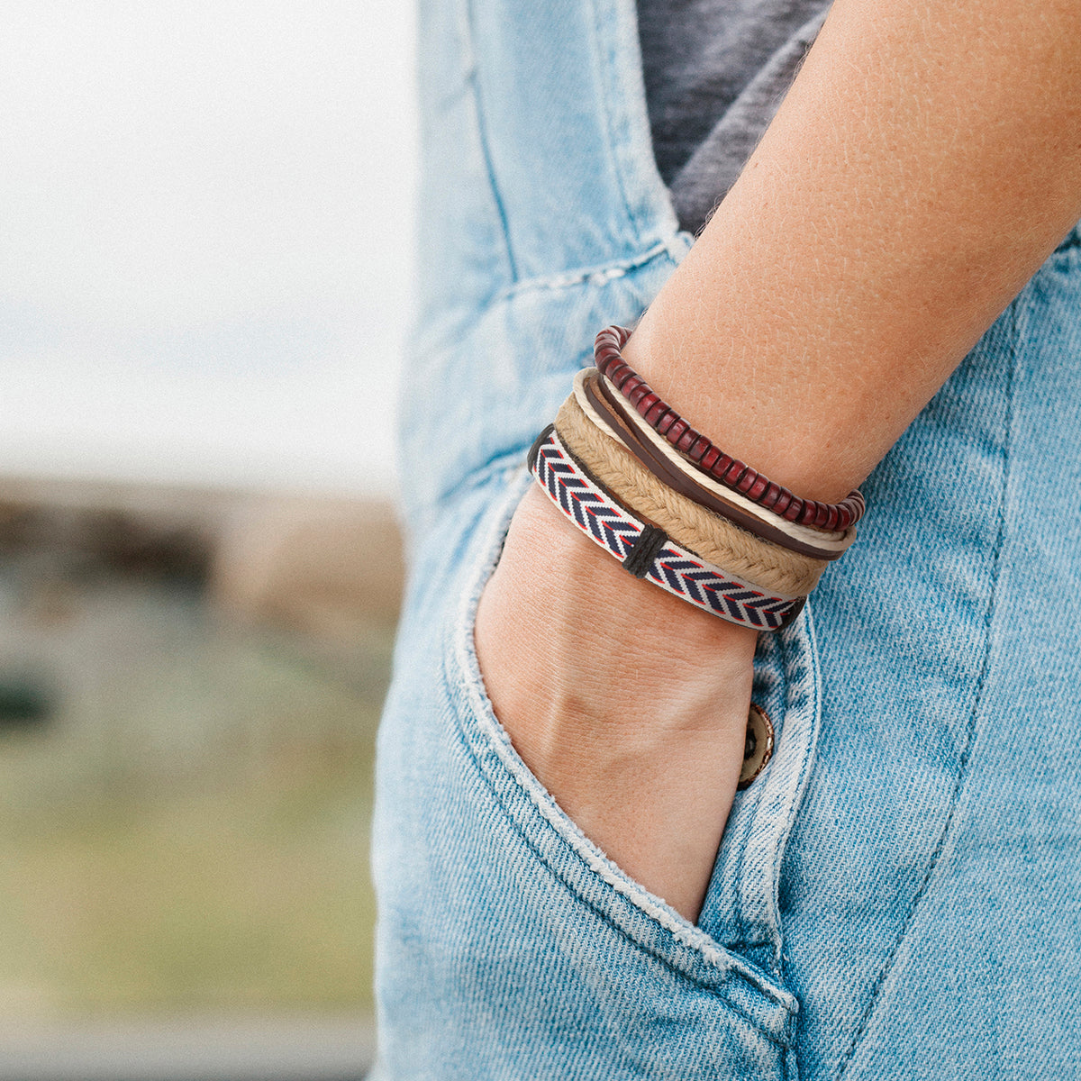 WBST76 - Mens Whirlybird White, Blue And Red Patterned Stacker Bracelets