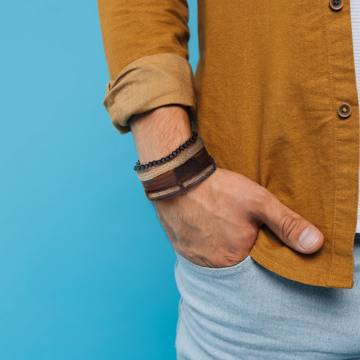 Mens Whirlybird Beige And Multicoloured Striped Braided Stacker Bracelets