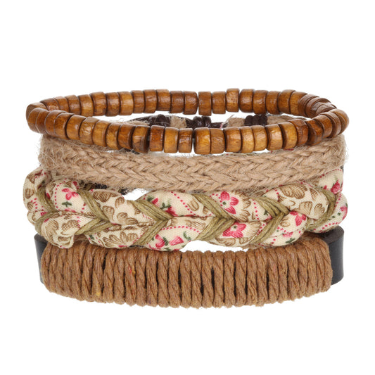WBST80 - Mens Whirlybird Beige And Pink Flower Patterned Braided Stacker Bracelets