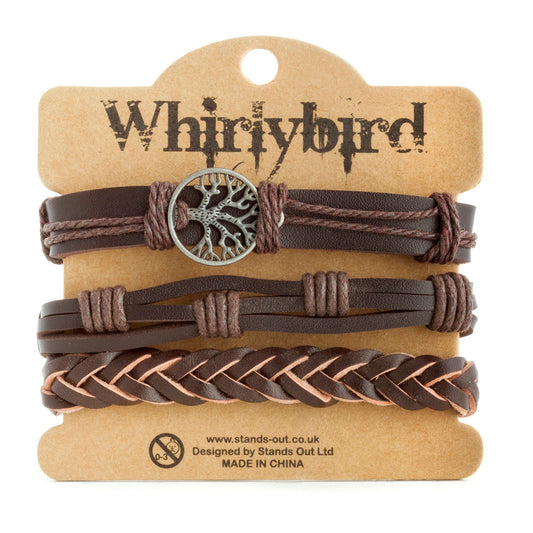 Mens Whirlybird Brown And Silver Family Tree Of Life Charm Stacker Bracelets