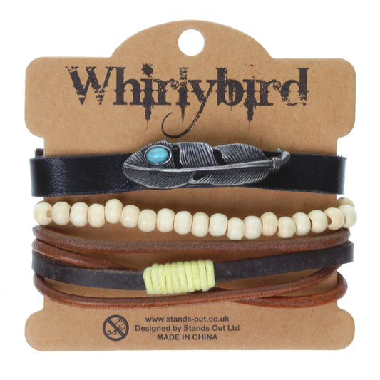 WBST95 - Mens Whirlybird Silver Feather Charm Stacker Bracelets