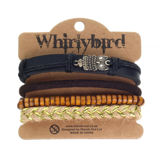 Mens Whirlybird Silver Owl Charm Stacker Bracelets