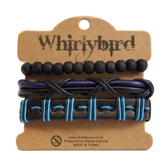 WBST106 - Mens Whirlybird Blue And Black Wrapped Leather Stacker Bracelets