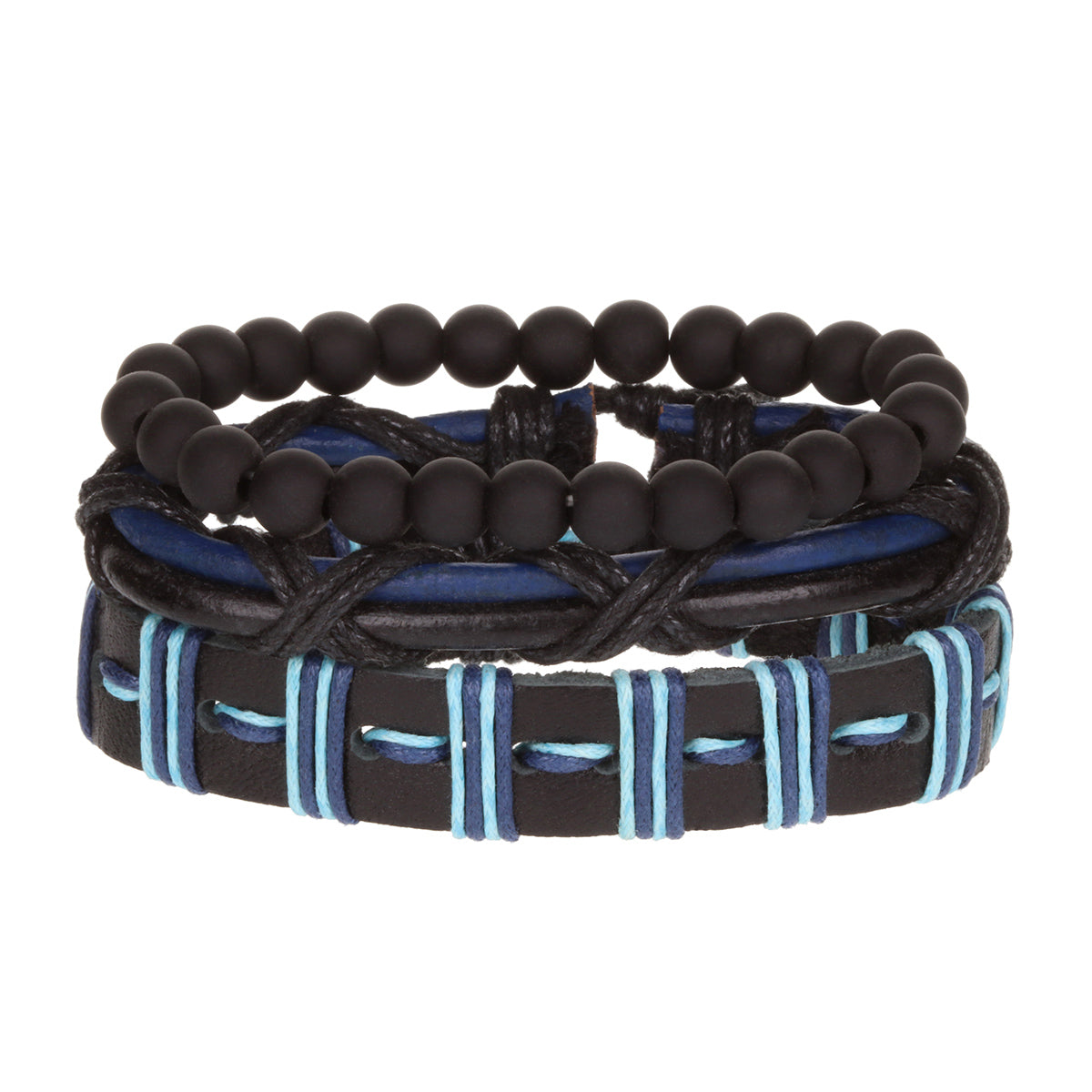WBST106 - Mens Whirlybird Blue And Black Wrapped Leather Stacker Bracelets