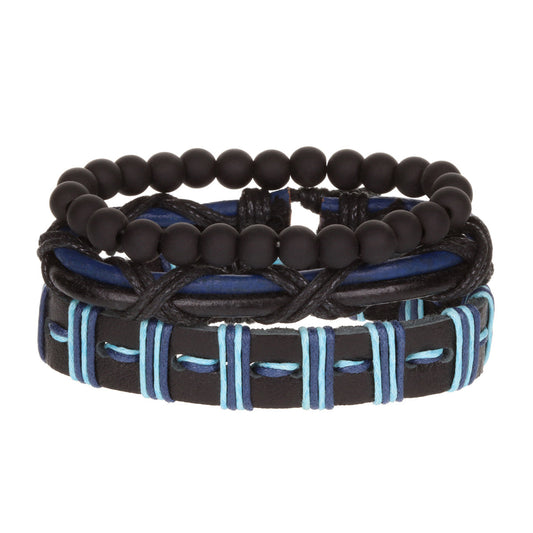 WBST106 - Mens Whirlybird Blue And Black Wrapped Leather Stacker Bracelets