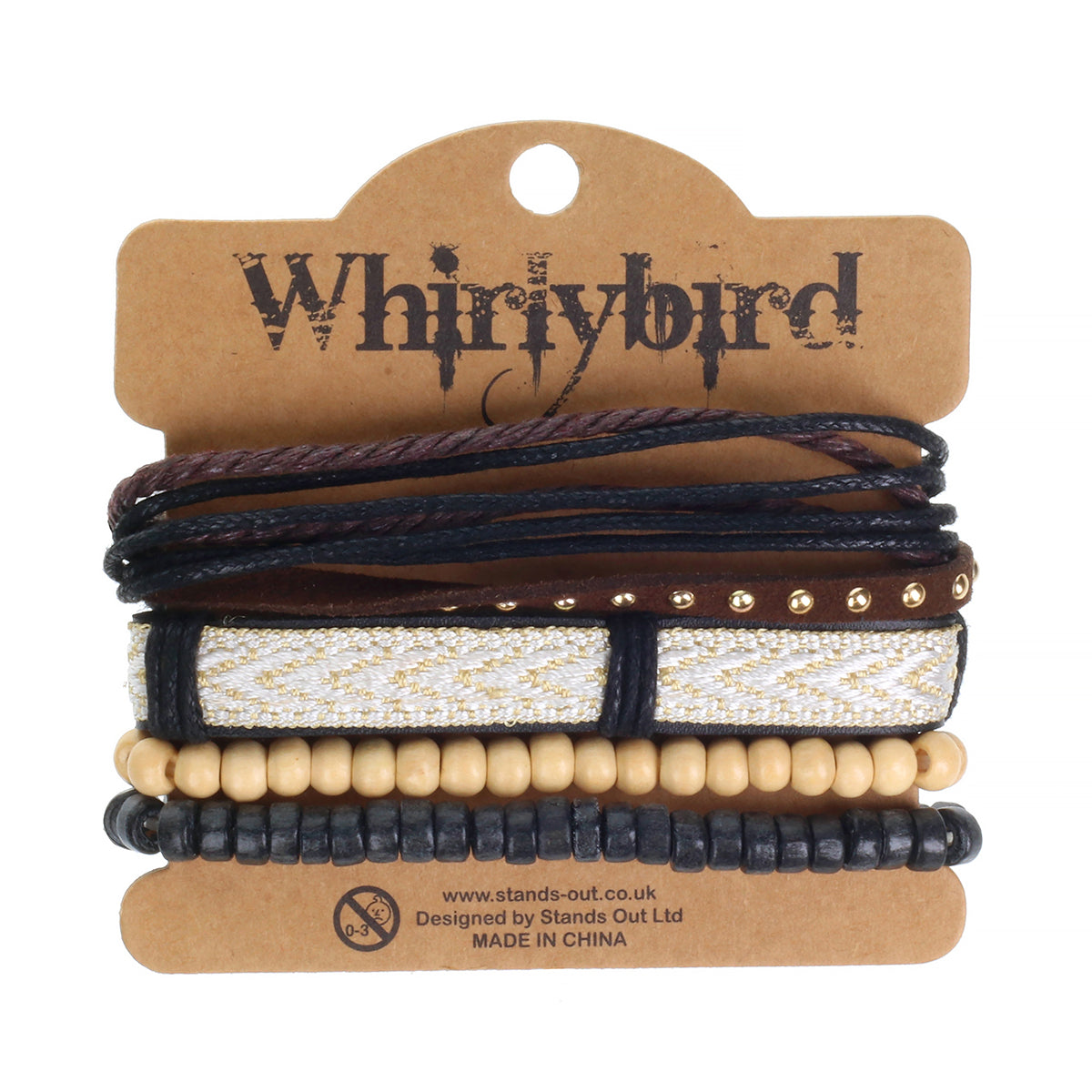 WBST107 - Mens Whirlybird White And Gold Patterned Leather Stacker Bracelets