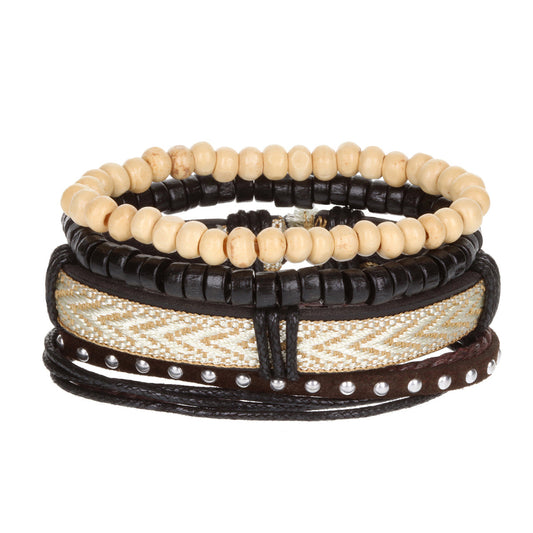 WBST107 - Mens Whirlybird White And Gold Patterned Leather Stacker Bracelets