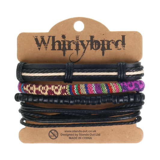WBST108 - Mens Whirlybird Black And Multicoloured Patterned Stacker Bracelets