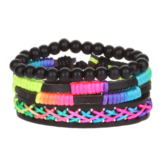 Mens Whirlybird Neon Ombre Cross Stitch Leather Stacker Bracelets