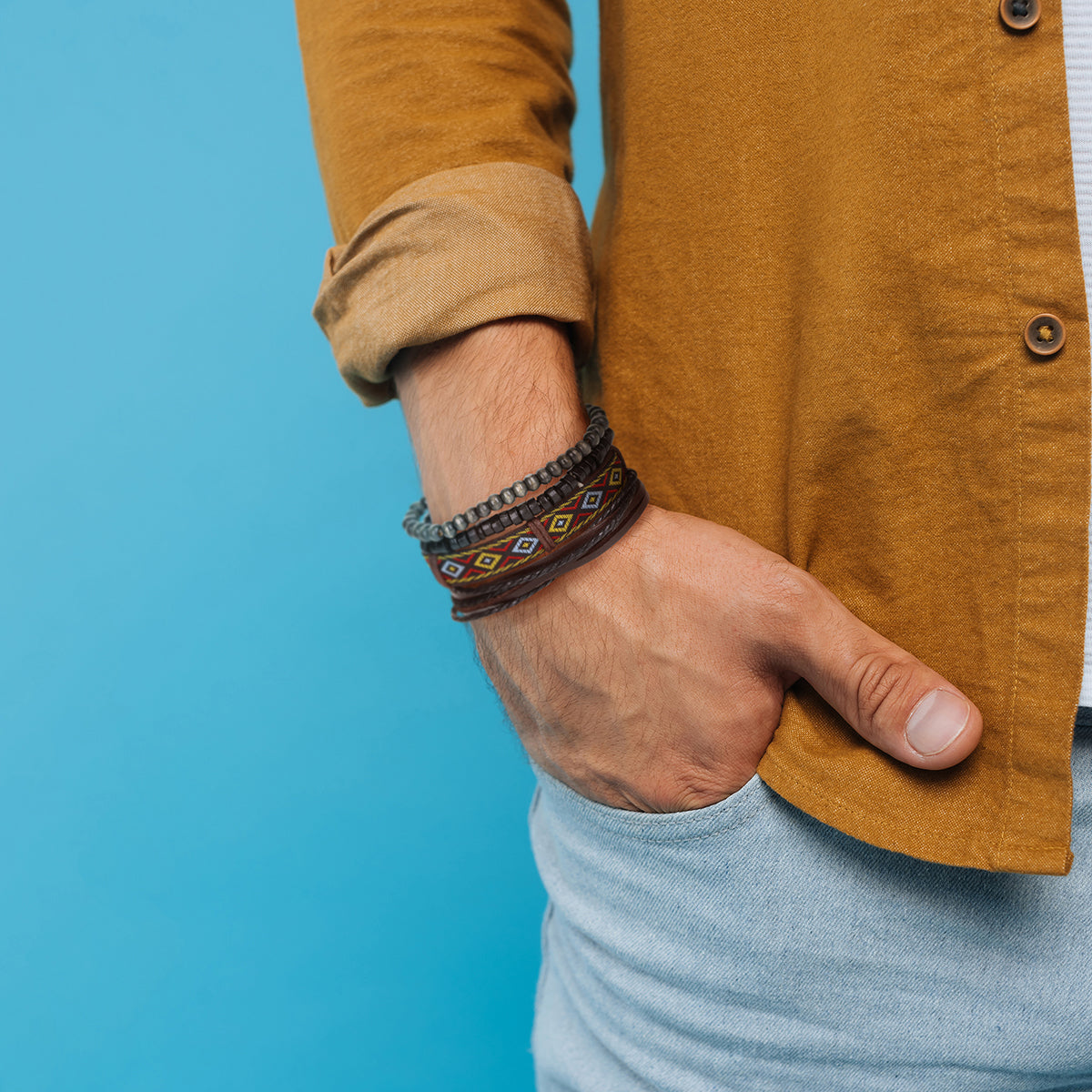 WBST111 - Mens Whirlybird Red, Green And Orange Patterned Stacker Bracelets