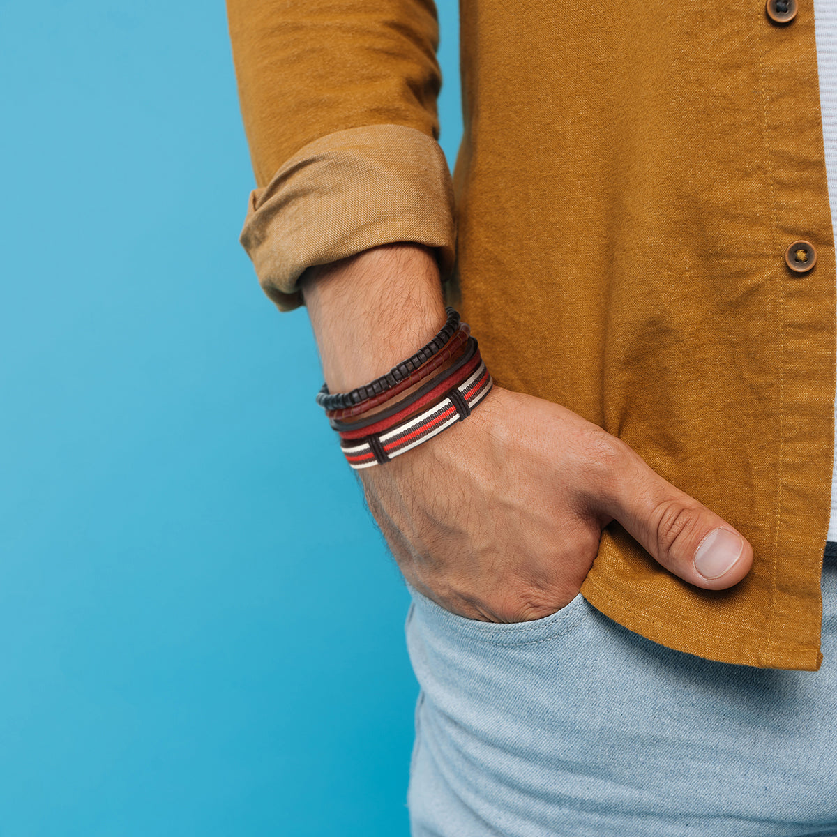 Mens Whirlybird Beige, Navy And Red Striped Stacker Bracelets