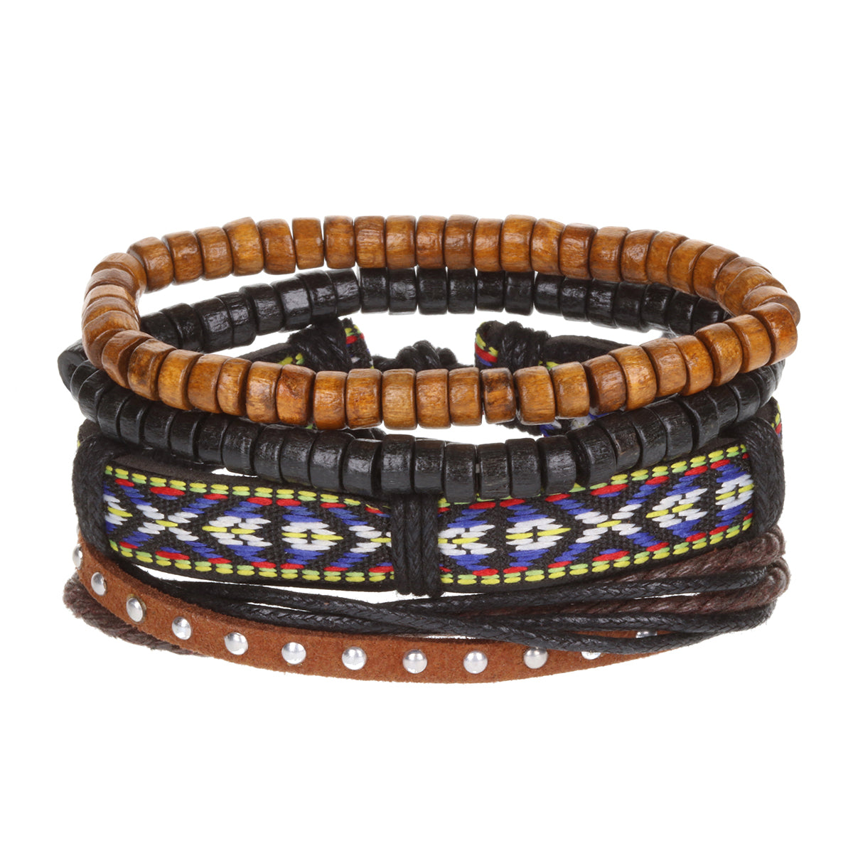 WBST116 - Mens Whirlybird Gold Studded And Colourful Patterned Stacker Bracelets