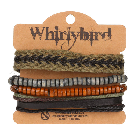 WBST117 - Mens Whirlybird Black And Khaki Braided Stacker Bracelets