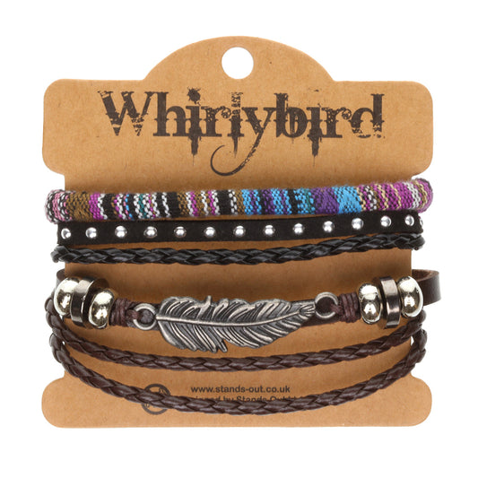 Mens Whirlybird Silver Feather Charm Striped Stacker Bracelets