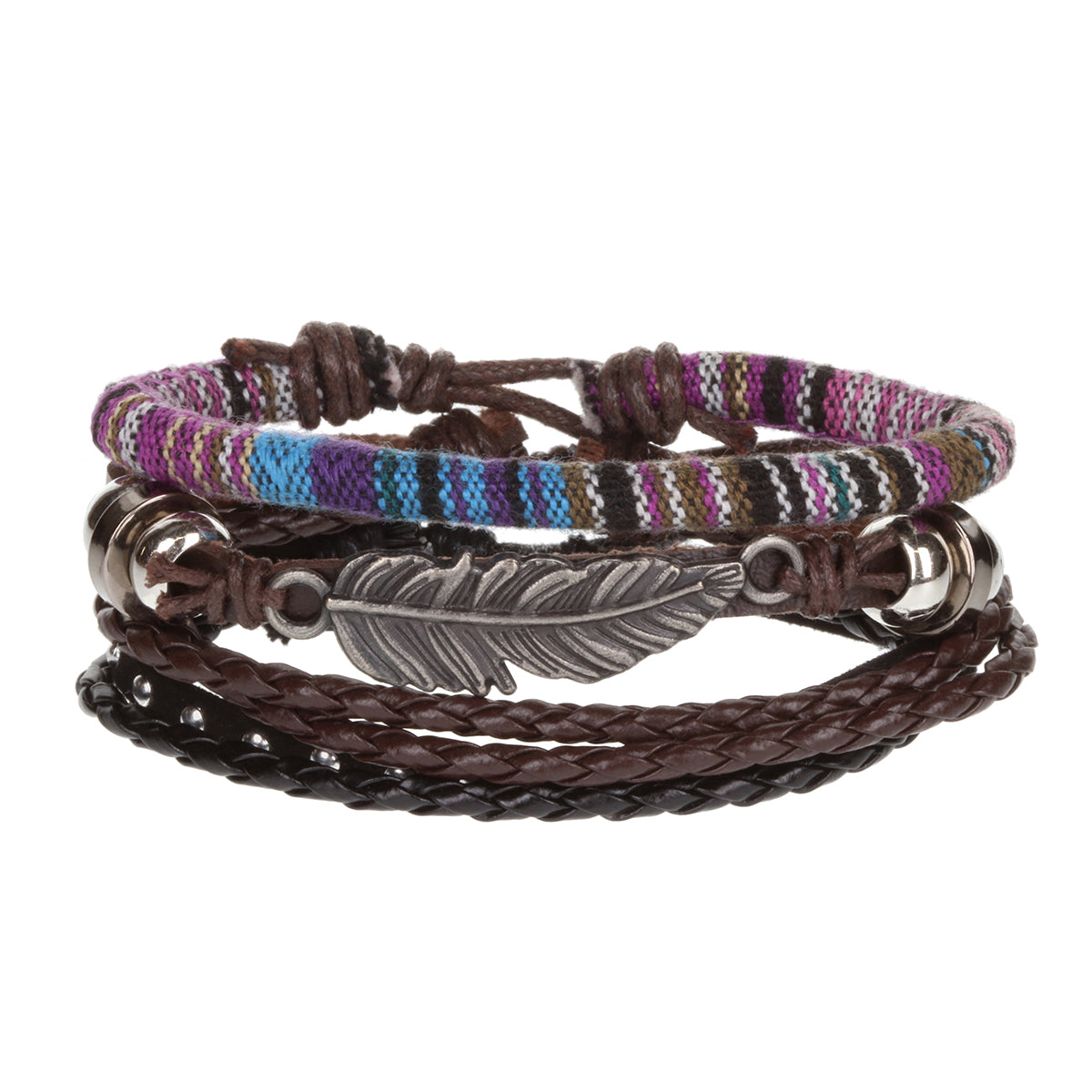 WBST118 - Mens Whirlybird Silver Feather Charm Striped Stacker Bracelets