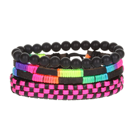 WBST121 - Mens Whirlybird Black And Pink Woven Stacker Bracelets