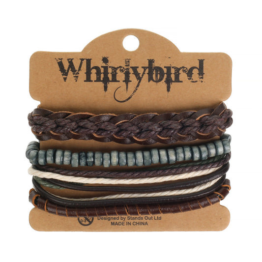 WBST123 - Mens Whirlybird Brown Leather And Cotton Braided Stacker Bracelets