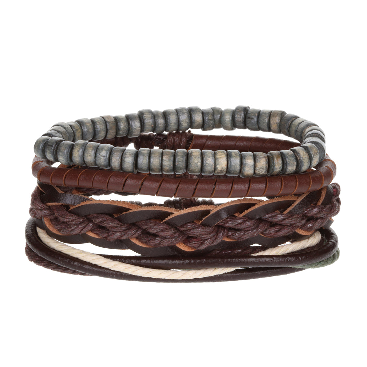 WBST123 - Mens Whirlybird Brown Leather And Cotton Braided Stacker Bracelets