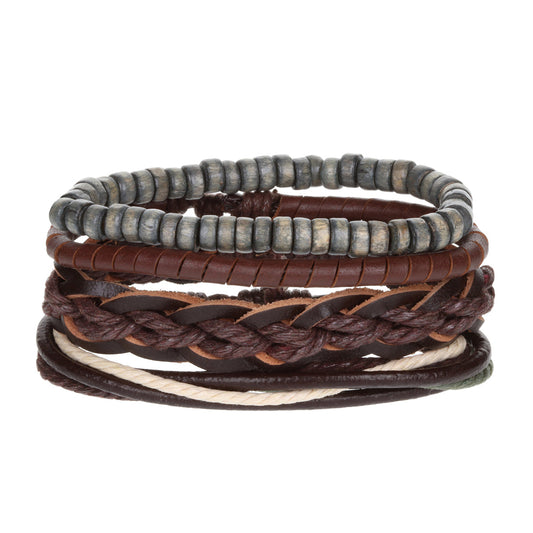 WBST123 - Mens Whirlybird Brown Leather And Cotton Braided Stacker Bracelets