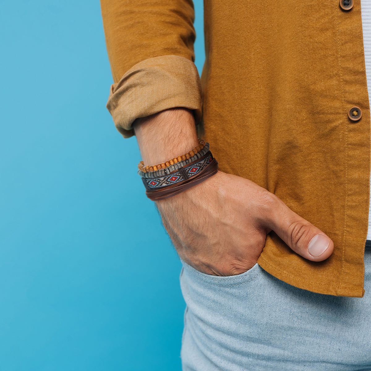 WBST124 - Mens Whirlybird Blue And Red Flower Patterned Stacker Bracelets