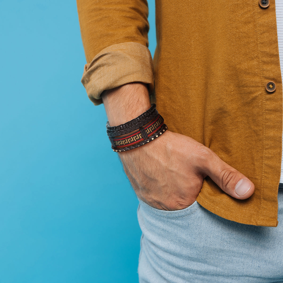 Mens Whirlybird Red And Gold Patterned Stacker Bracelets